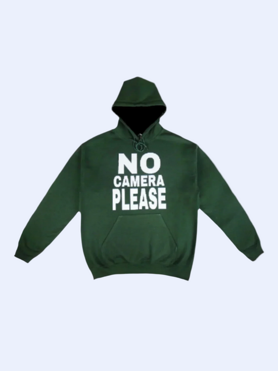 NO CAMERA PLEASE HOODIE — sweat à capuche vert sapin en coton biologique fait main en France, sur.écoute